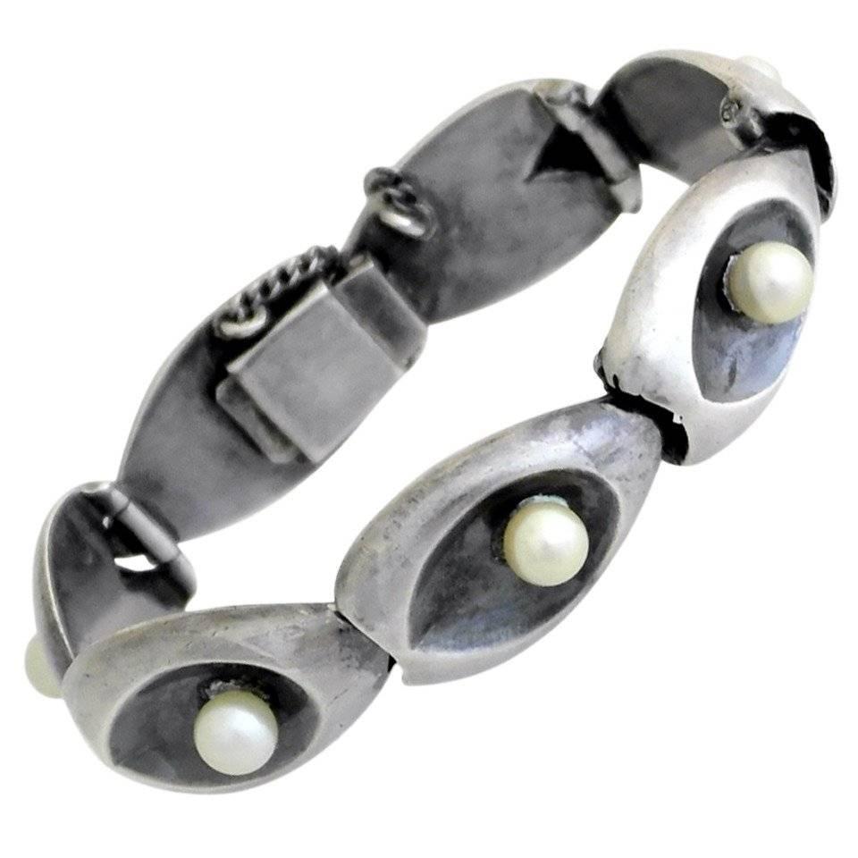 Antonio Pineda .970 Silver and Pearls Bracelet For Sale