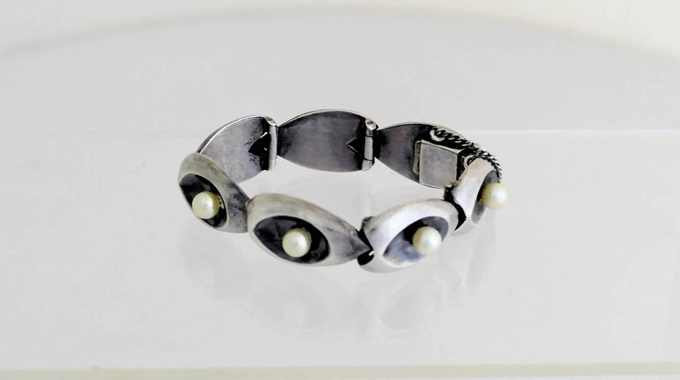 Antonio Pineda .970 Silver and Pearls Bracelet For Sale 1