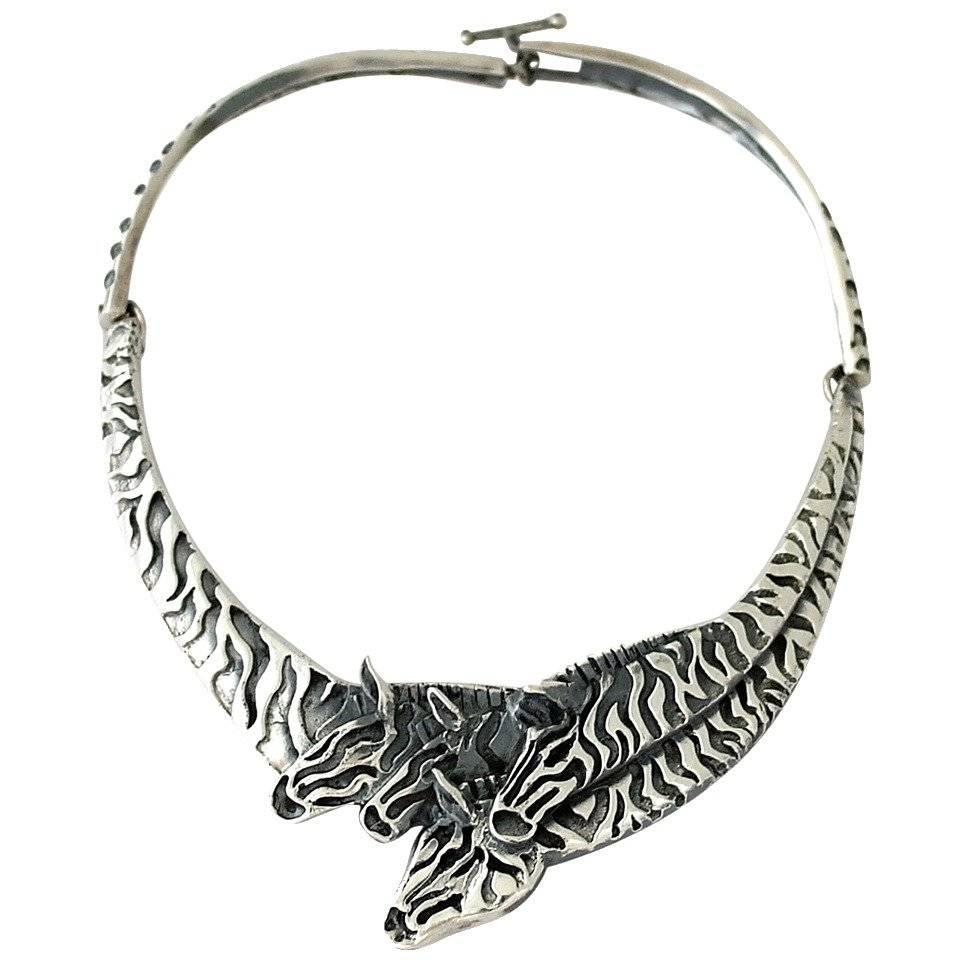 SUPERB Emilia Castillo Sterling Silver Exotic Zebras Motif Necklace 1990