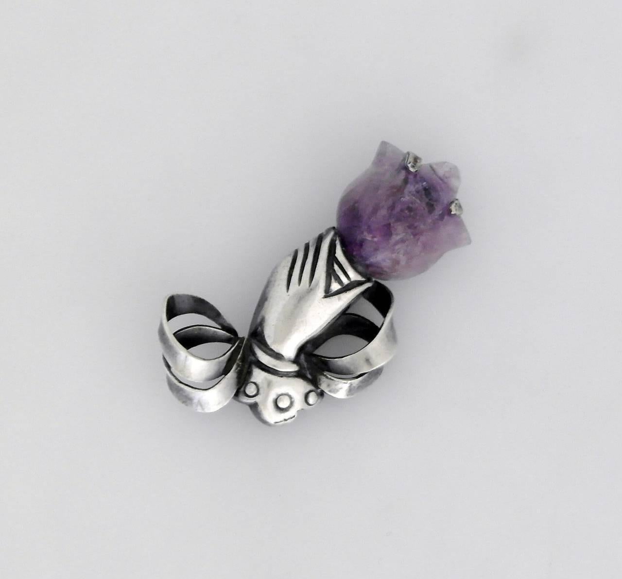 William Spratling Sterling Silver Hand Motif Amethyst Tulip Pin In Excellent Condition For Sale In New York, NY