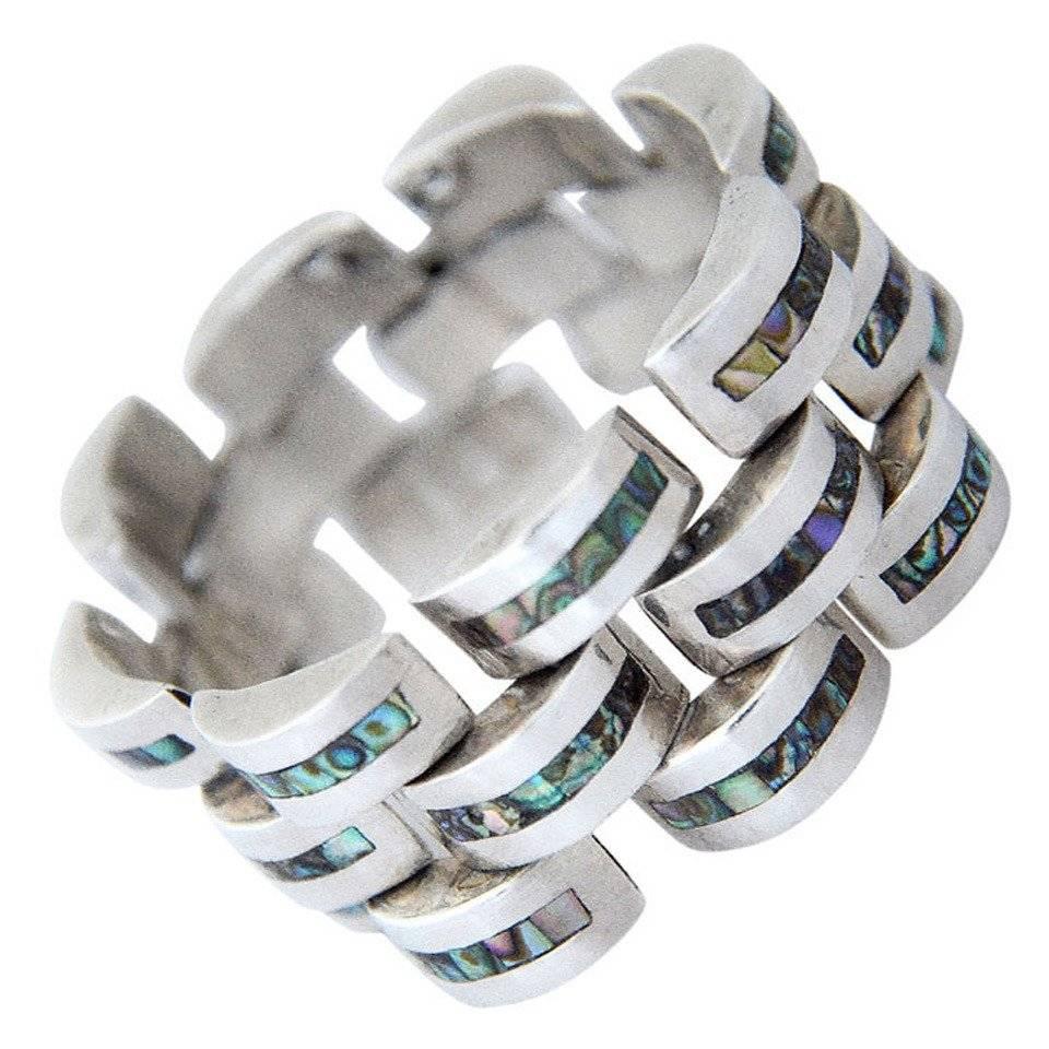 Gerardo Lopez Inlaid Abalone & Sterling Silver Escalloped Link Bracelet 1960 For Sale