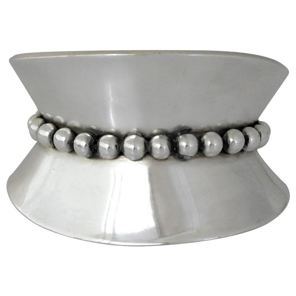 Los Castillo Wide Sterling Silver Cuff Bracelet w/Applied Beads 1965 For Sale