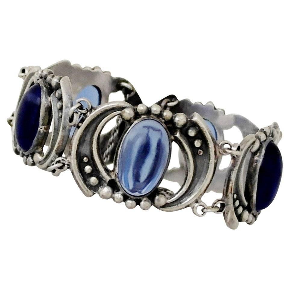 Los Castillo Sterling Silver & Glass Cabochons Bracelet For Sale