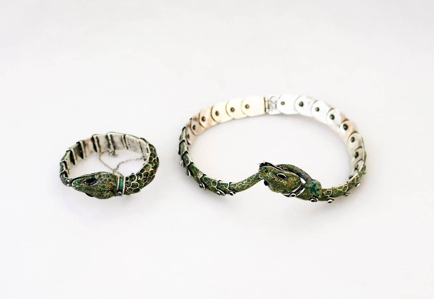 Margot De Taxco Sterling Silver  Enamel Snake Necklace and Bracelet For Sale 1