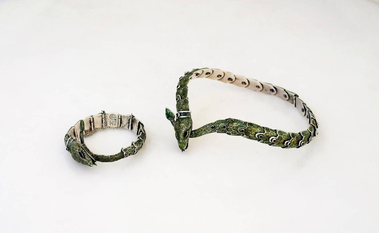 Women's Margot De Taxco Sterling Silver  Enamel Snake Necklace and Bracelet For Sale