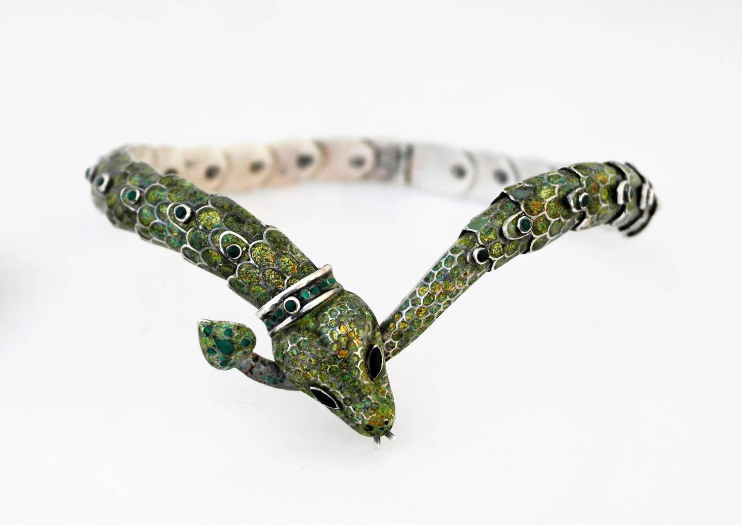 Margot De Taxco Sterling Silver  Enamel Snake Necklace and Bracelet For Sale 2