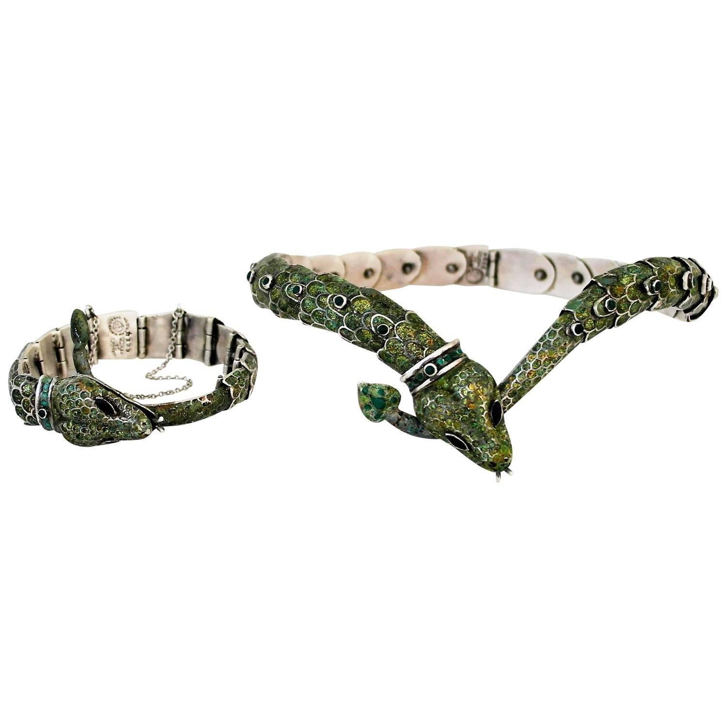 Margot De Taxco Sterling Silver  Enamel Snake Necklace and Bracelet For Sale