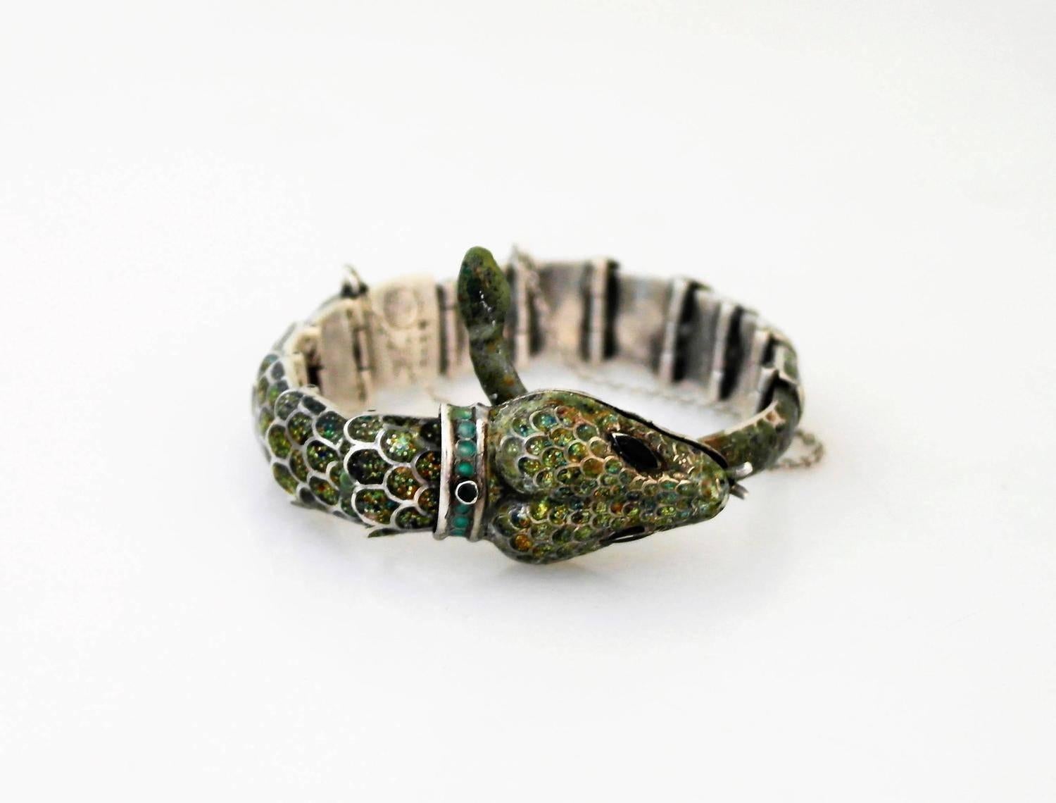 Margot De Taxco Sterling Silver  Enamel Snake Necklace and Bracelet For Sale 3