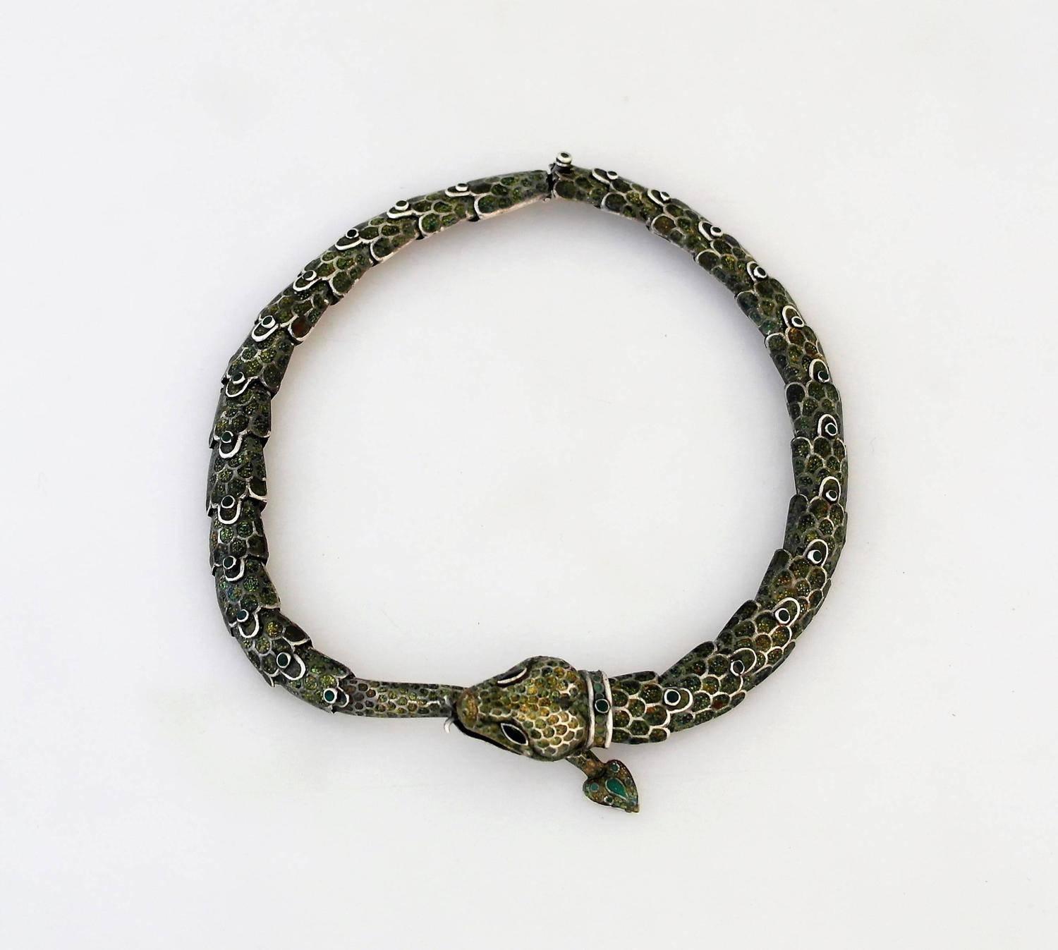 Women's RARE SNAKE MOTIF Margot De Taxco Enamel Sterling Silver Snake Necklace 1955 For Sale