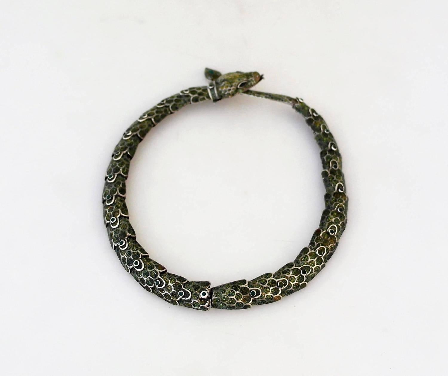 RARE SNAKE MOTIF Margot De Taxco Enamel Sterling Silver Snake Necklace 1955 For Sale 1