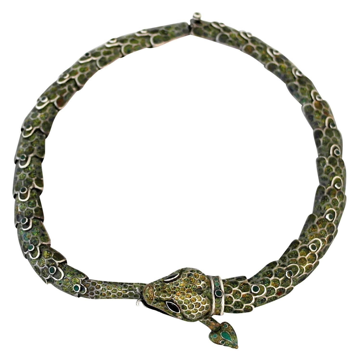 RARE SNAKE MOTIF Margot De Taxco Enamel Sterling Silver Snake Necklace 1955 For Sale