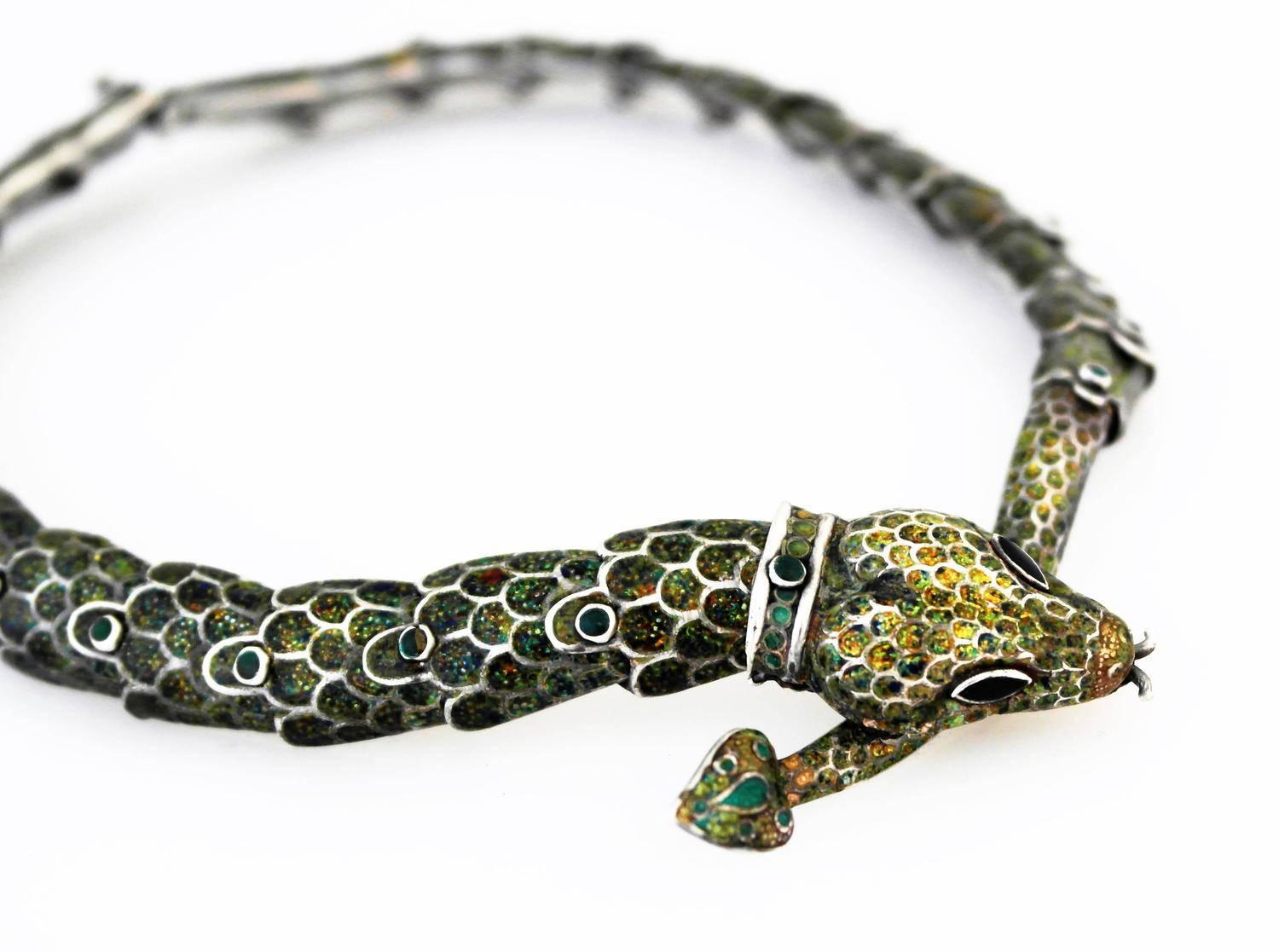 RARE SNAKE MOTIF Margot De Taxco Enamel Sterling Silver Snake Necklace 1955 For Sale 3