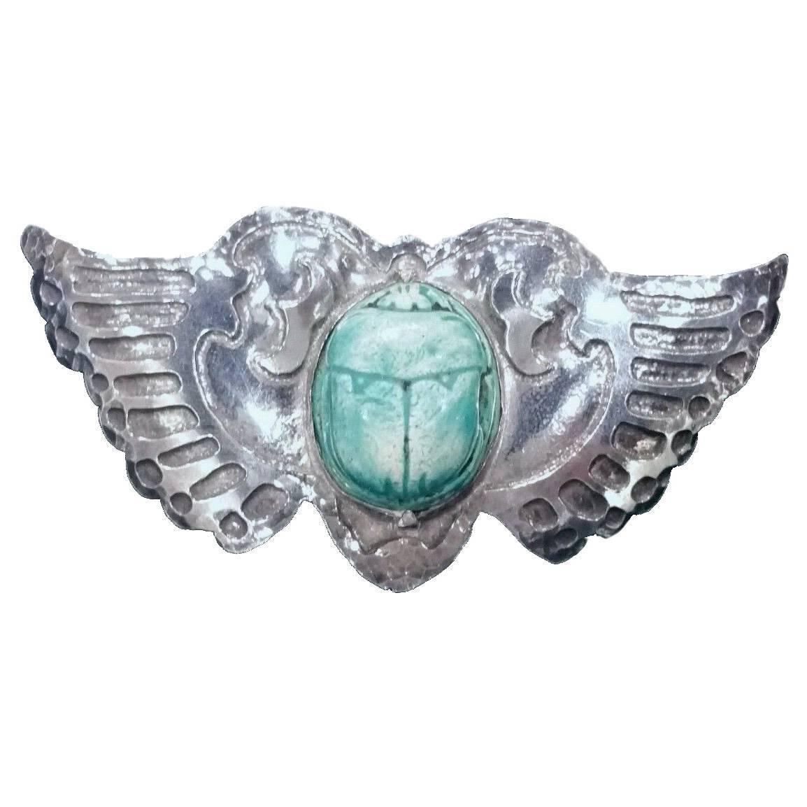 1915 Marshall Field Handwrought Arts & Crafts Sterling Silver Scarab Wings Pin For Sale