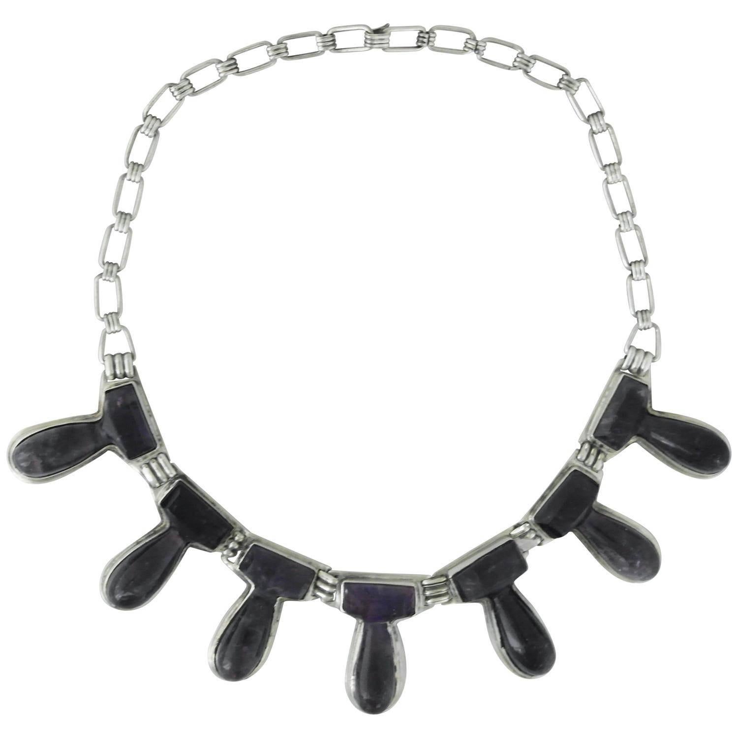 Taxco Sterling Silver and Amethysts Drop Necklace For Sale