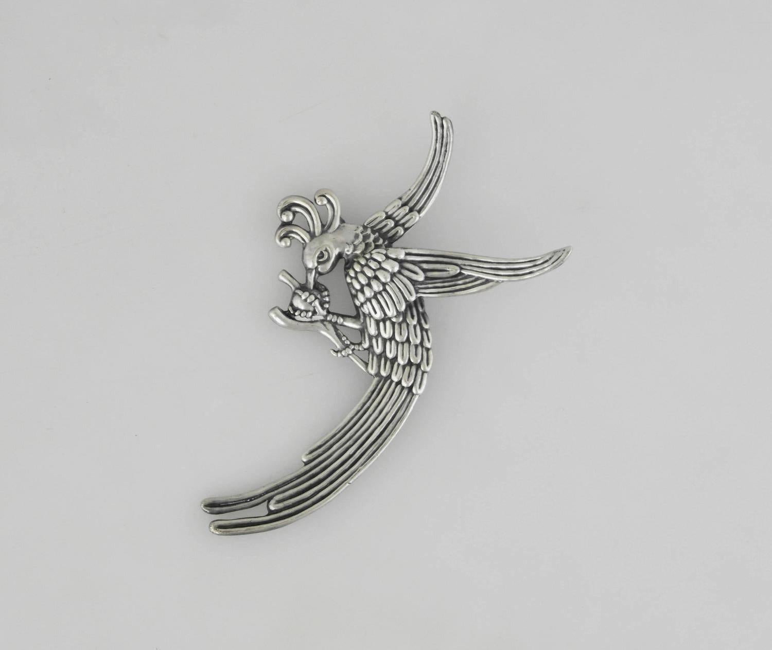 Women's or Men's Los Castillo Sterling Silver Bird Motif Brooch For Sale