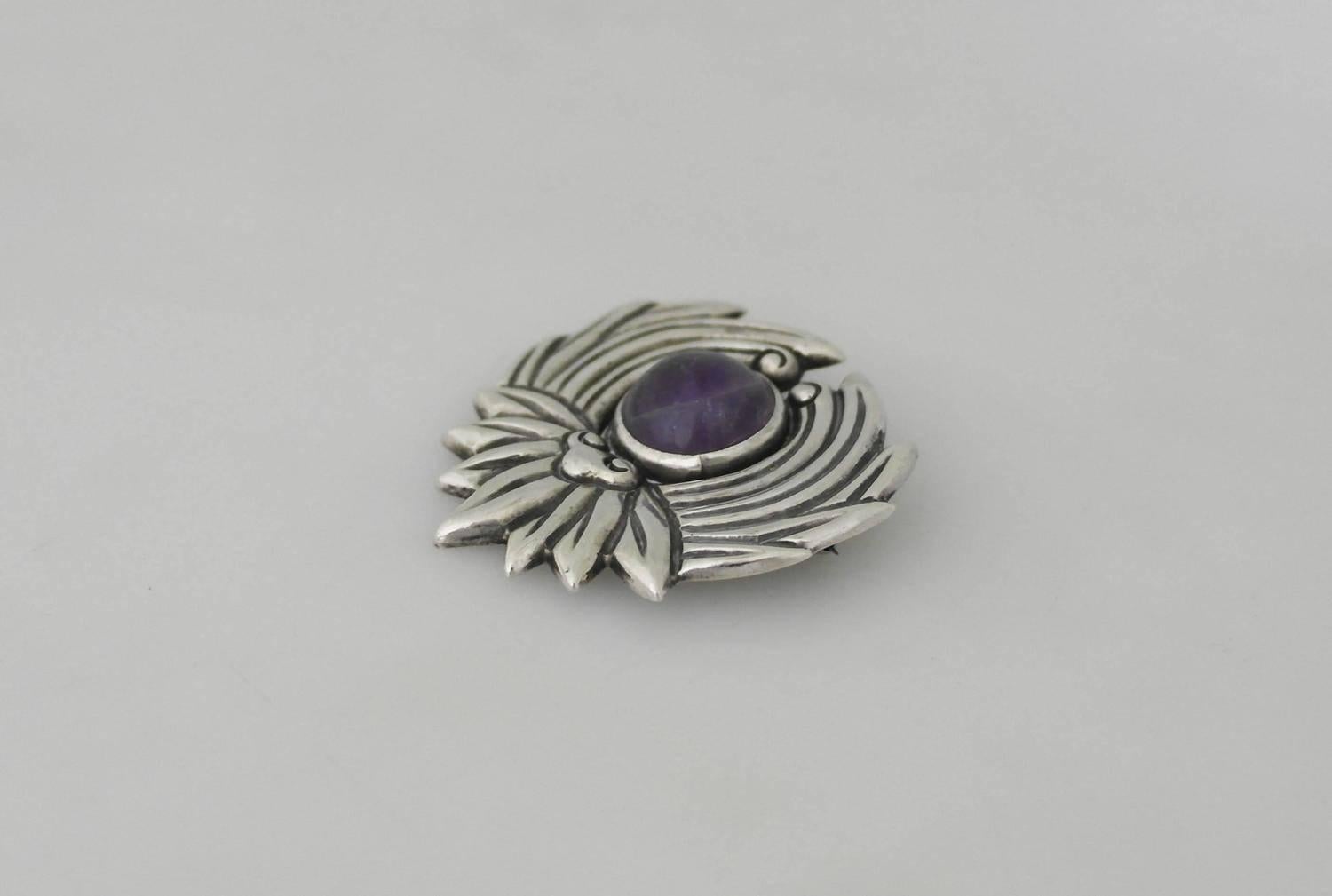 Los Castillo Sterling Silver and Amethyst Brooch In Excellent Condition For Sale In New York, NY