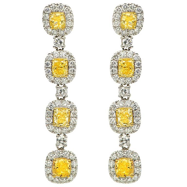 7.33 Carats Fancy Yellow Diamond and White Diamond Drop Earrings For Sale