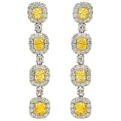 7.33 Carats Fancy Yellow Diamond and White Diamond Drop Earrings