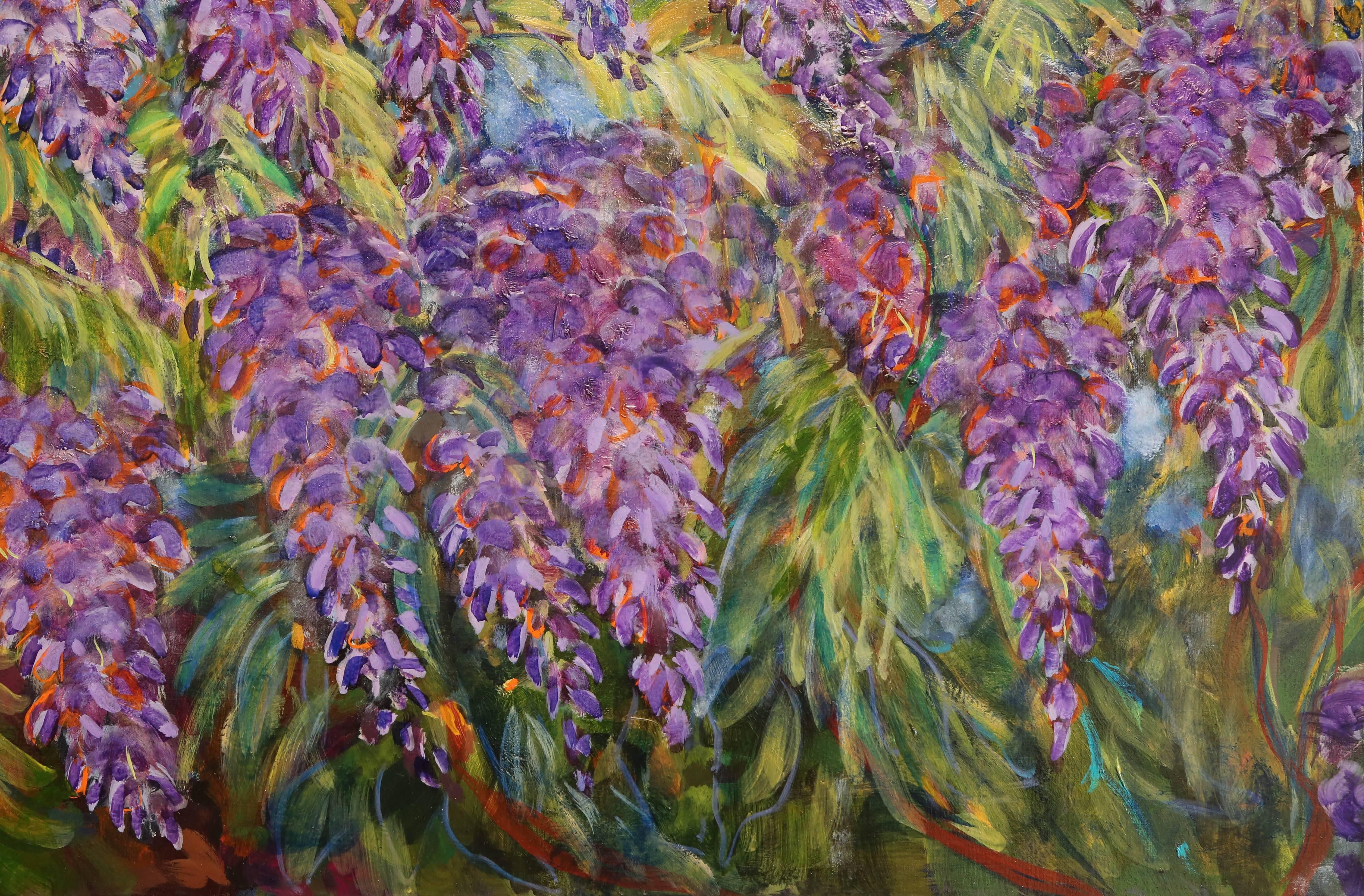 Wisteria bunches - Gray Figurative Painting by Evelyne Ballestra