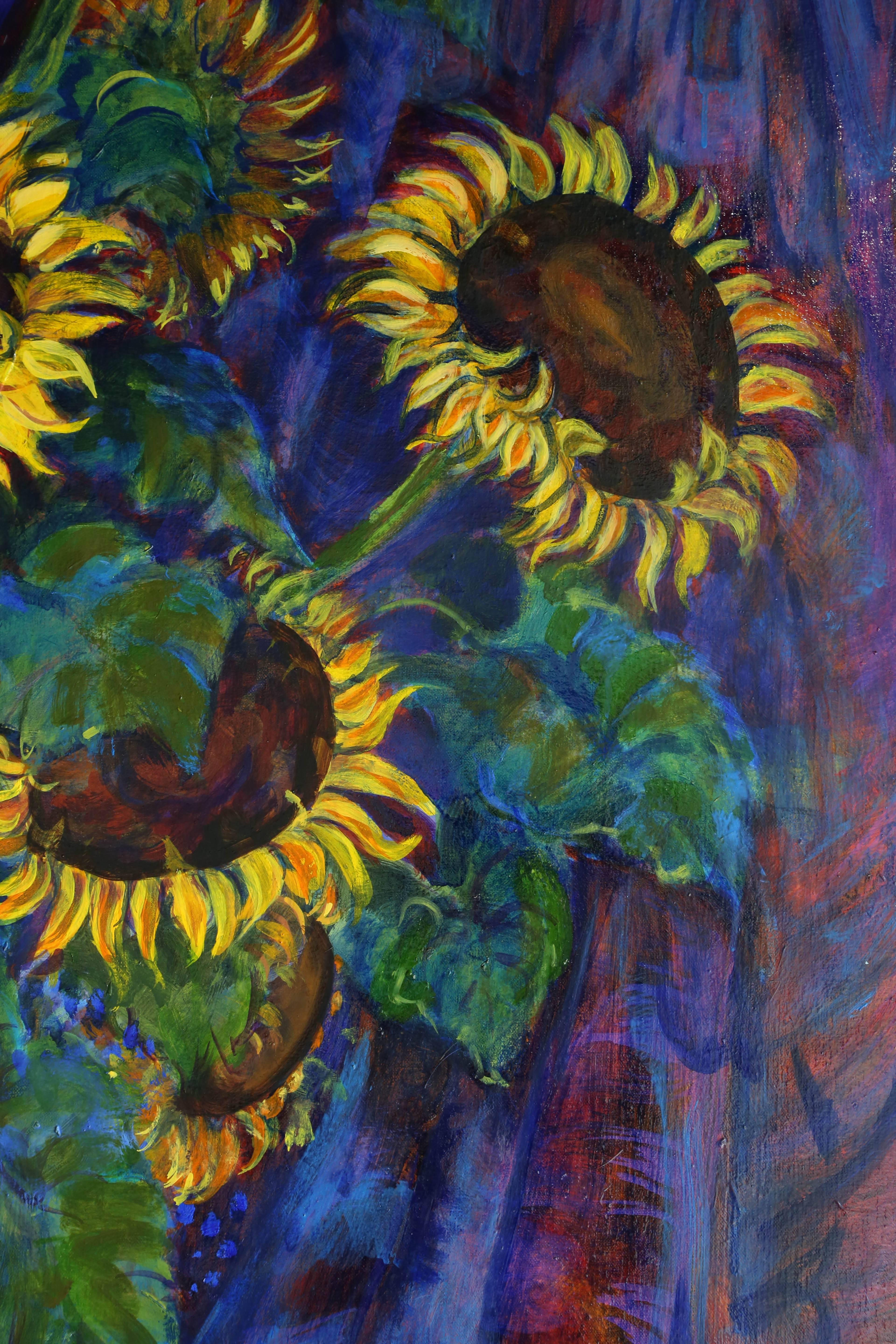 Sunflowers - Black Figurative Painting by Evelyne Ballestra