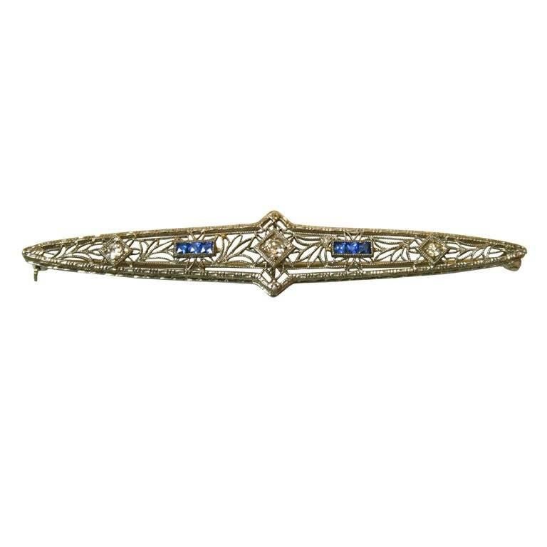 Art Deco Diamond, Sapphire and 14 Karat White Gold Bar Pin, Brooch 