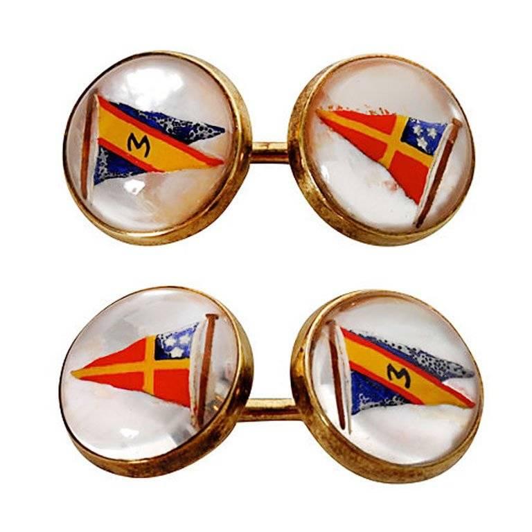 14 Karat Gold and Essex Crystal Nautical Flag Cufflinks