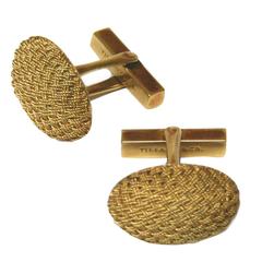 Tiffany & Co. 18 Karat Gold Basketweave Cabochon Cufflinks 1