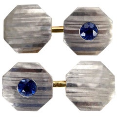 Antique Blue Sapphire, Platinum and 18 Karat Yellow Gold Art Deco Cufflinks
