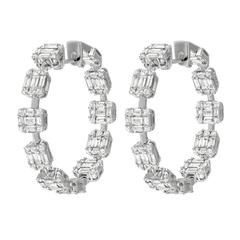 Baguette Round Brilliant Diamond White Gold Hoop Earrings