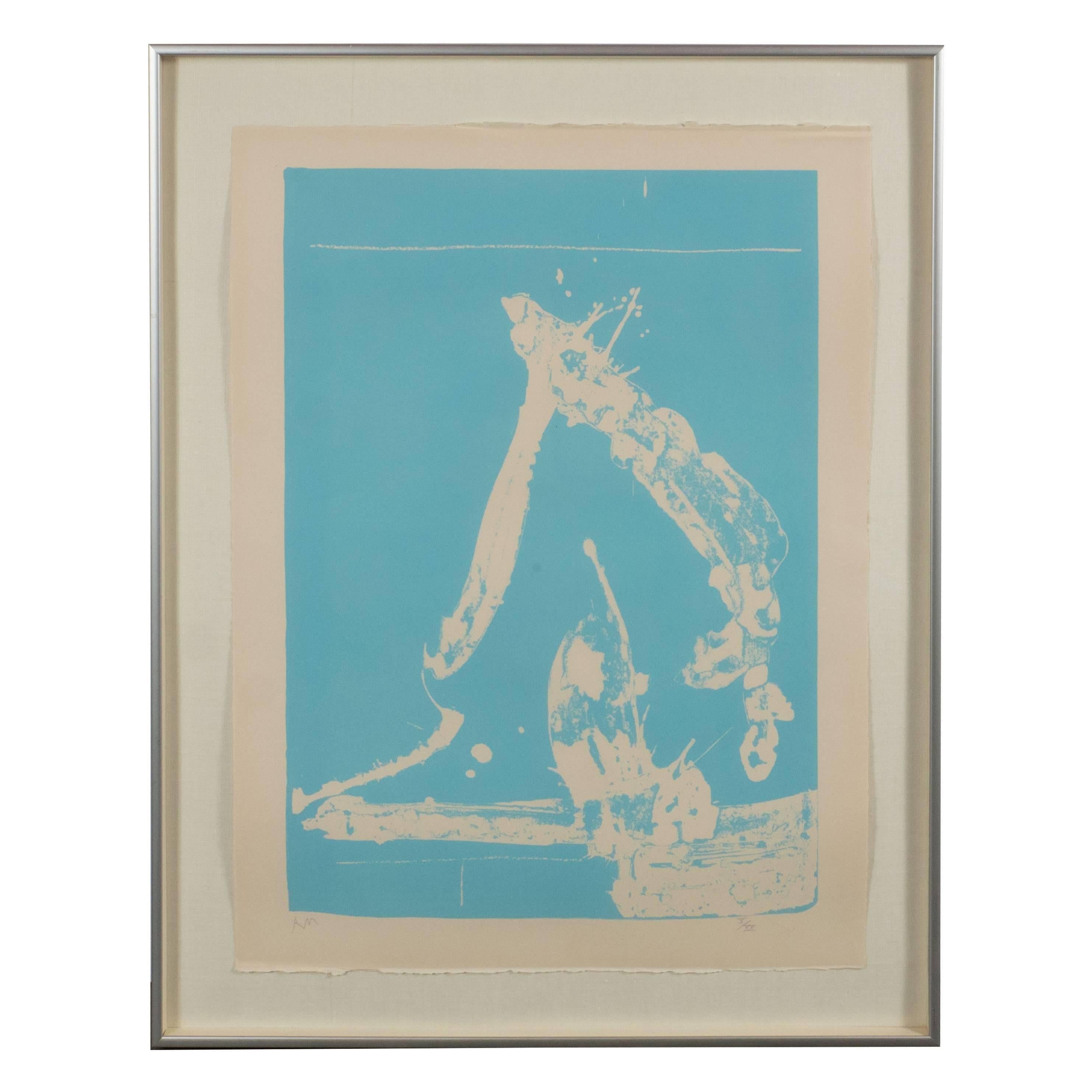 Robert Motherwell untitled abstract pale blue on white lithograph
9: Untitled (W.A.C. 56).
Lithograph printed in pale blue on white paper.
Initialed in penciel and numbered V/XX,
1966-1967.
In a simple chromed shadow-box type gallery frame.

From