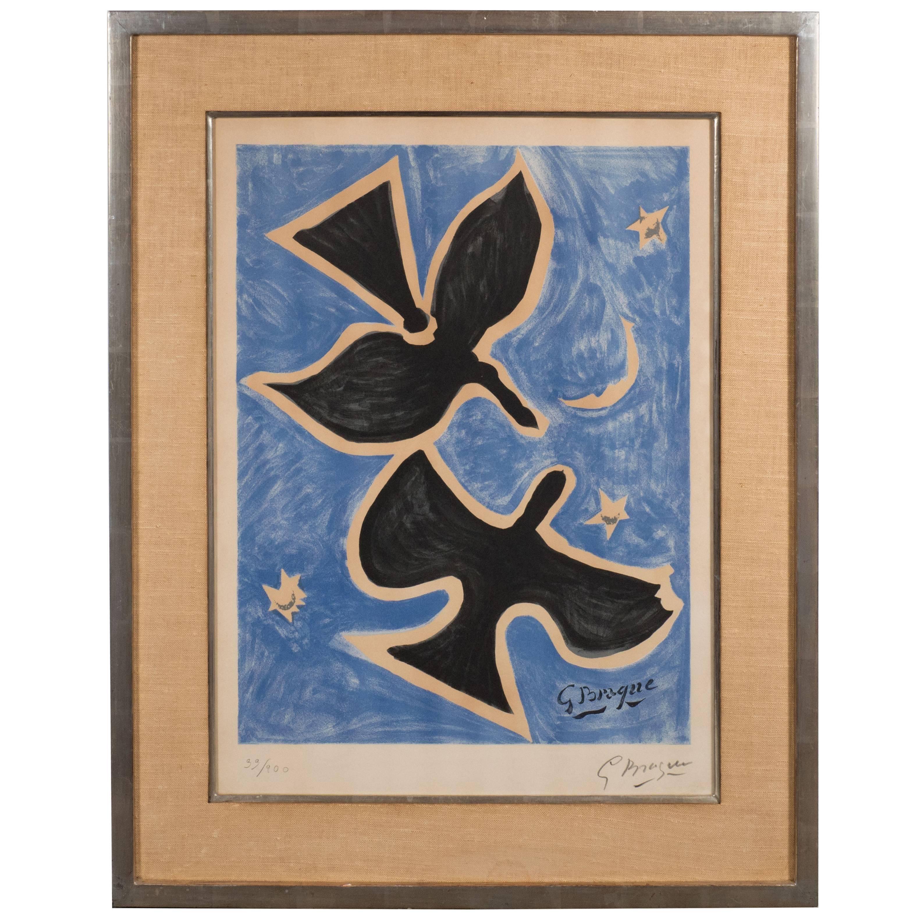 (after) Georges Braque Abstract Print - Signed mid-Century lithograph in colors titled "Two Birds"