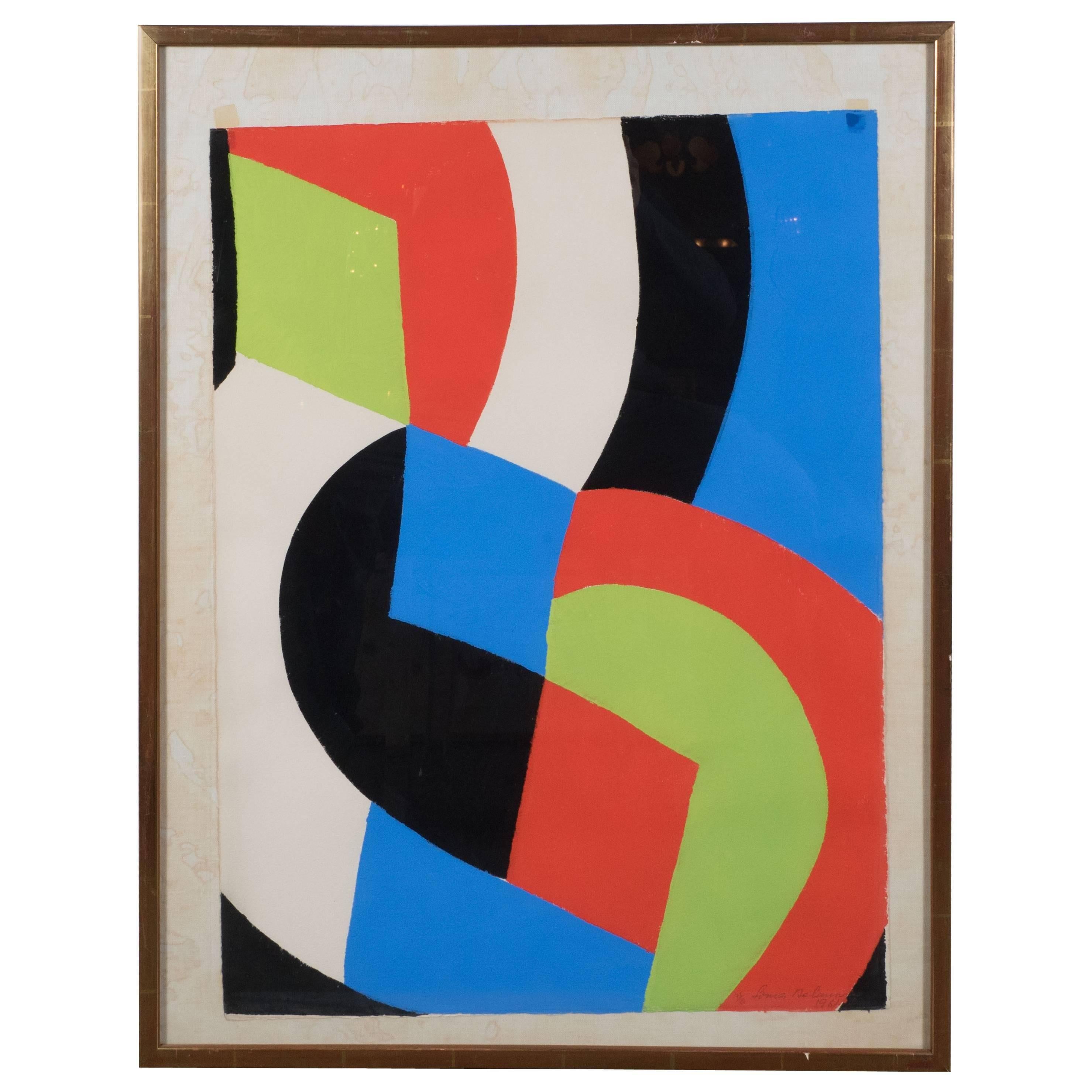 Sonia Delaunay, 
"Untitled" lithograph printed in colors, hand signed by the artist in pencil and numbered 75/80 and dated 1961. 
Measures: 25.5" H X 19.5" W, the sheet.
30" H X 24" W including the Art 
in a gilt-wood frame.

An intriguing abstract
