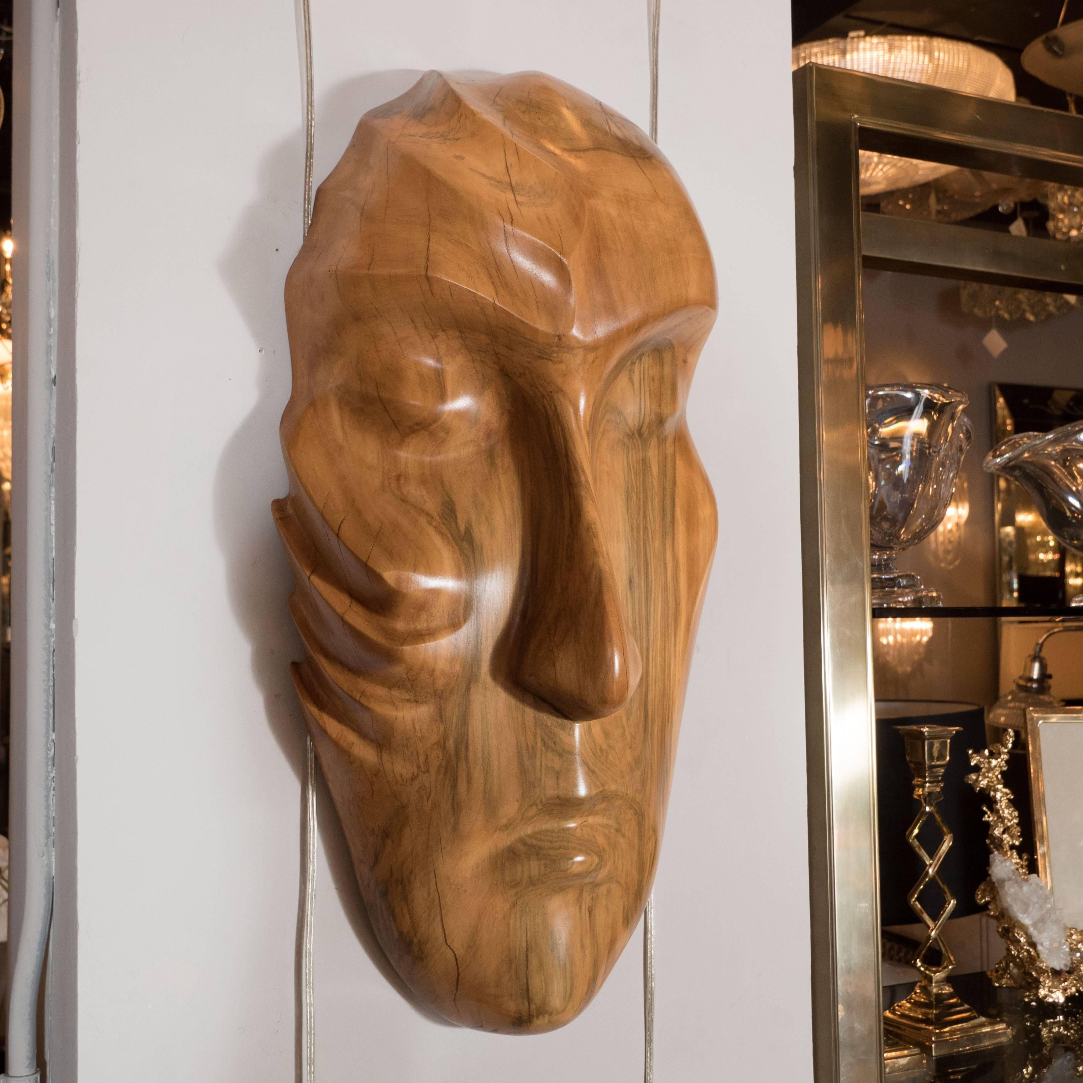 Mid-Century Modernist Hand Sculpted Mask in Exotic Wood - Brown Figurative Sculpture by Unknown