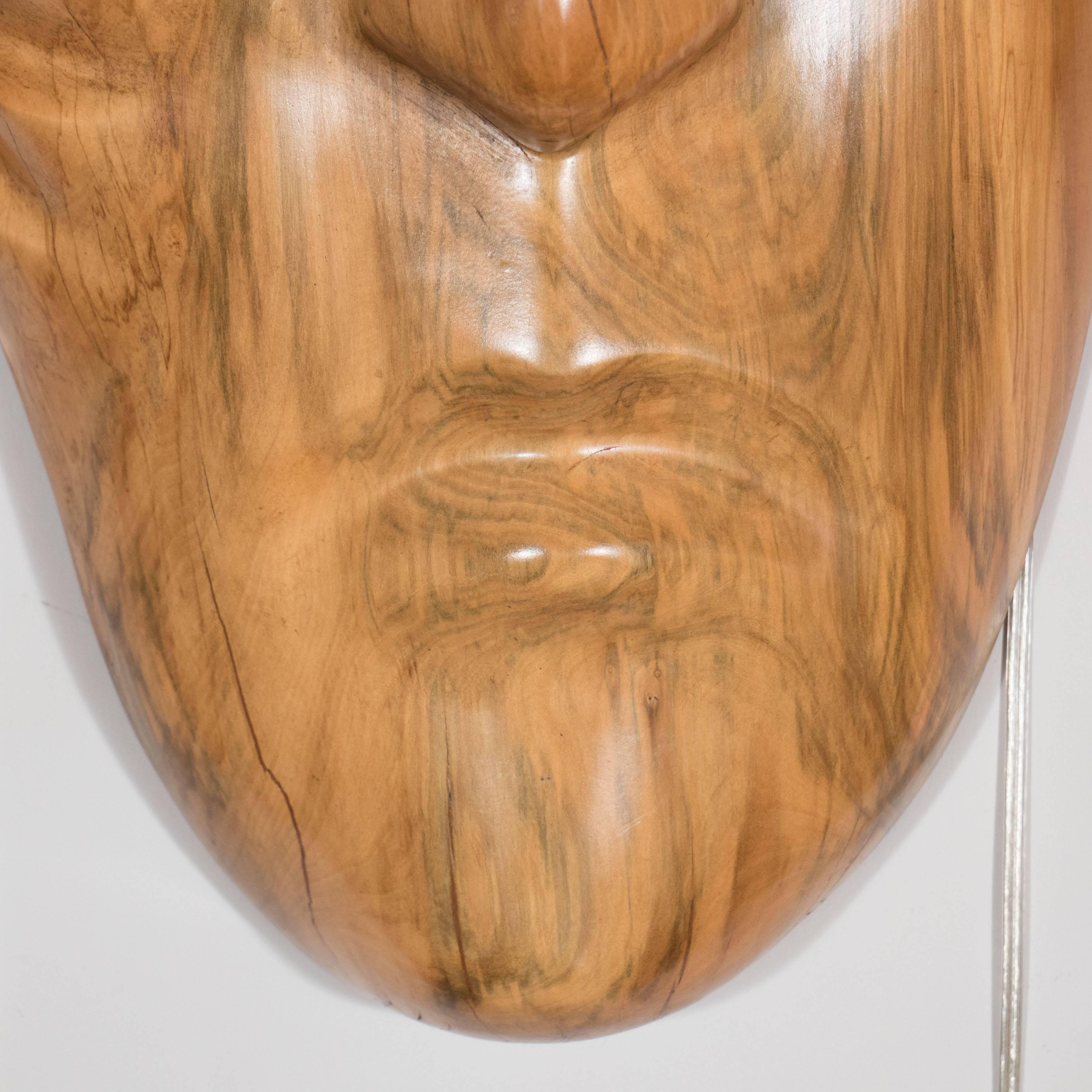 Mid-Century Modernist Hand Sculpted Mask in Exotic Wood 1