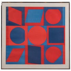 Sérigraphie géométrique Op-Art de Victor Vasarely en rouge électrique et bleu