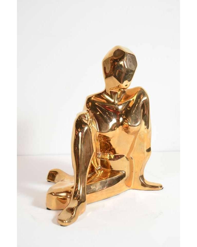 Mid-Century Modernist Ceramic Gold-Plated Crouching Woman Sculpture by Jaru 1