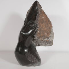 Buste figuratif abstrait en marbre noir mi-siècle moderne