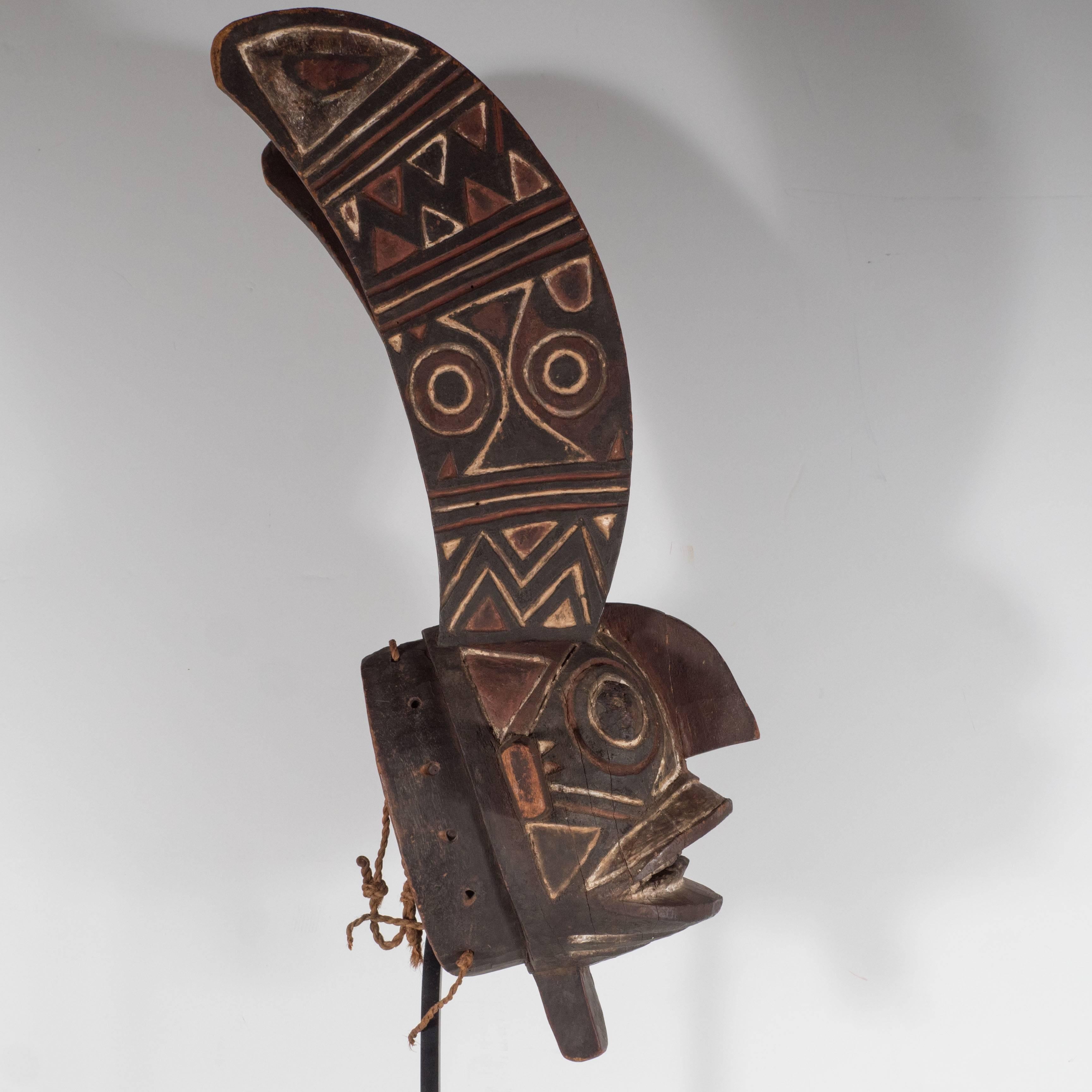 19th Century Bwa Mask Burkina Faso Mounted on Custom Black Enamel Stand 1