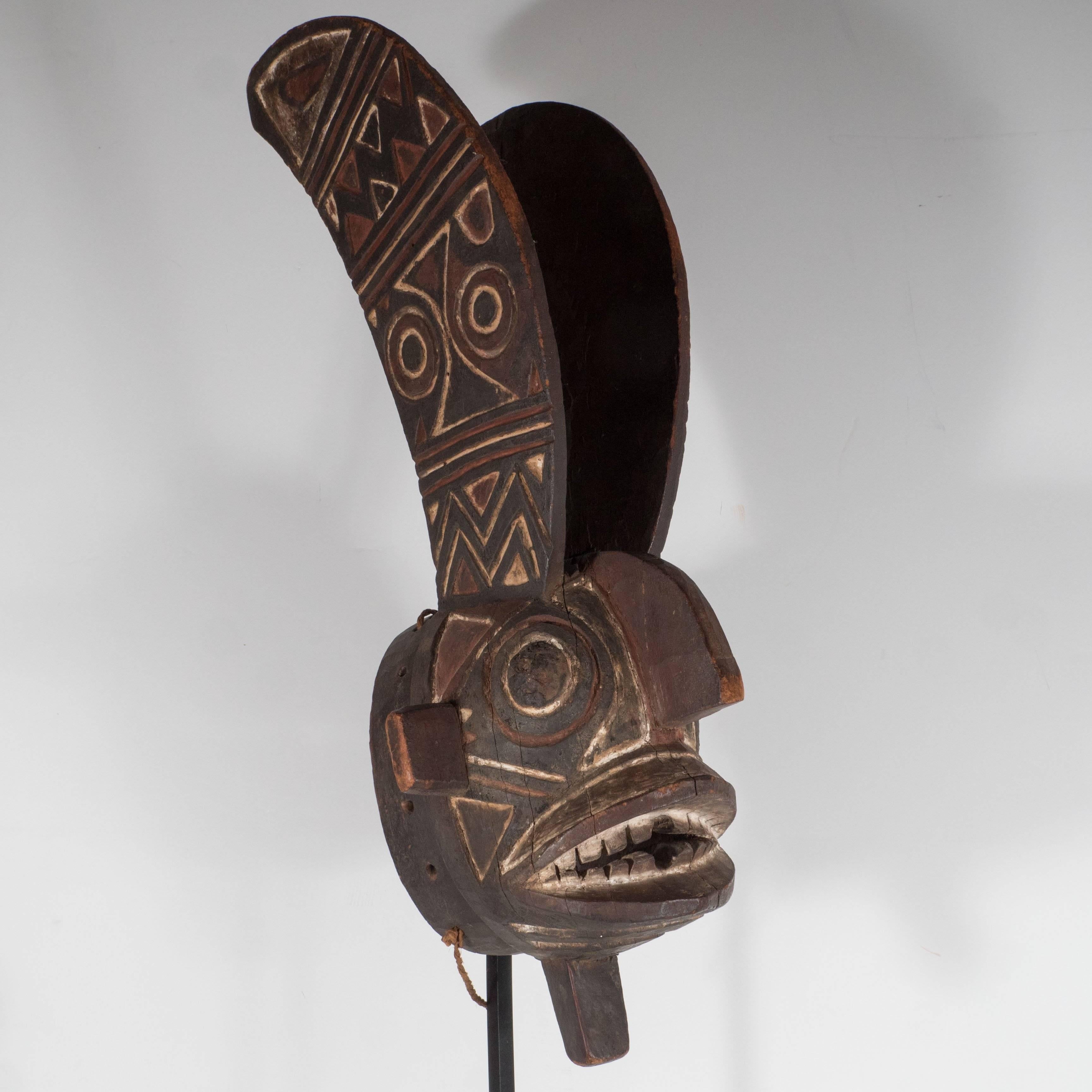 19th Century Bwa Mask Burkina Faso Mounted on Custom Black Enamel Stand 2
