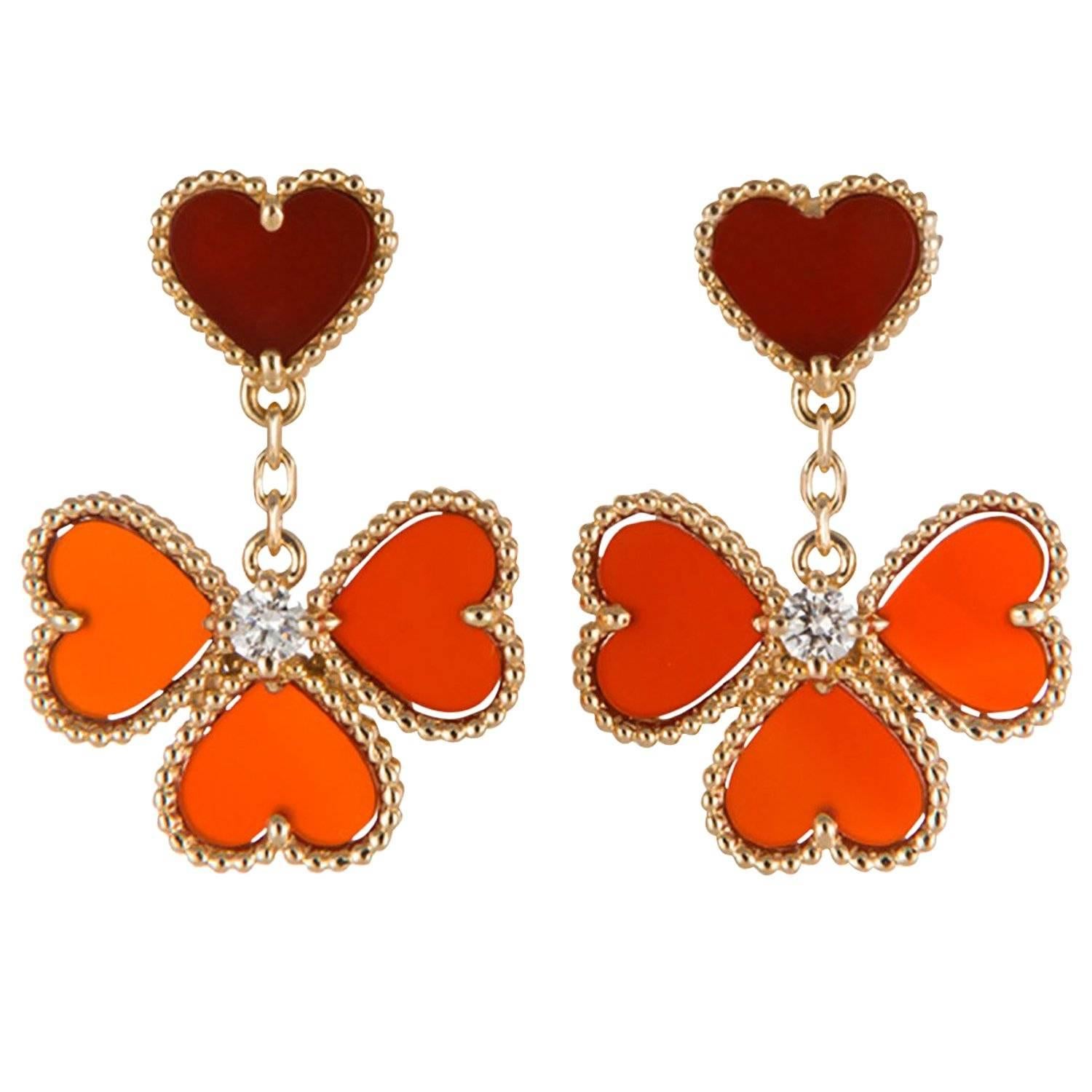 Van Cleef & Arpels Diamond Carnelian Sweet Alhambra Effeuillage Earrings