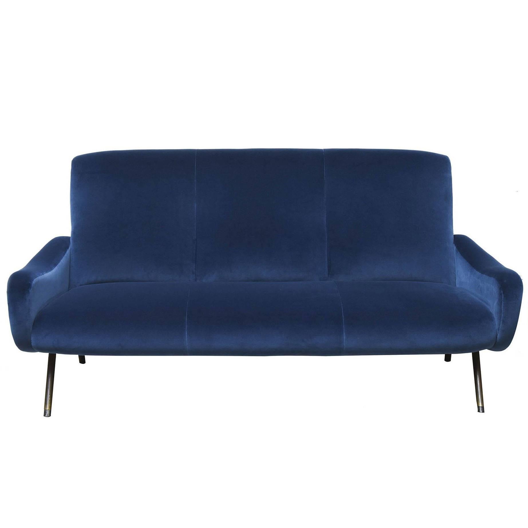 Marco Zanuso Blue Velvet Upholstery Italian “Lady” Sofa for Arflex, 1950s 
