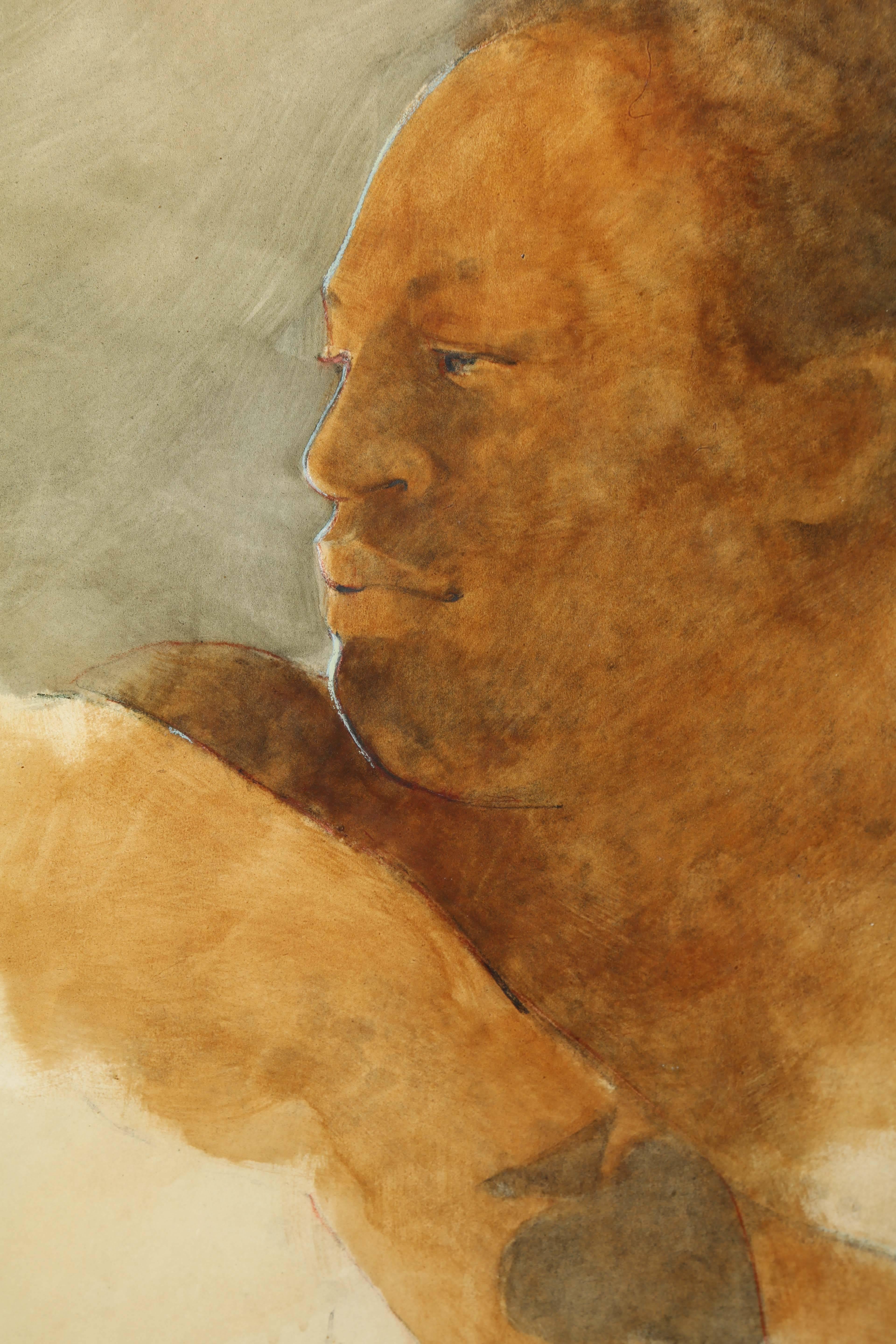 Oil and pencil on paper painting by George Dureau depicting a black boxer and signed 