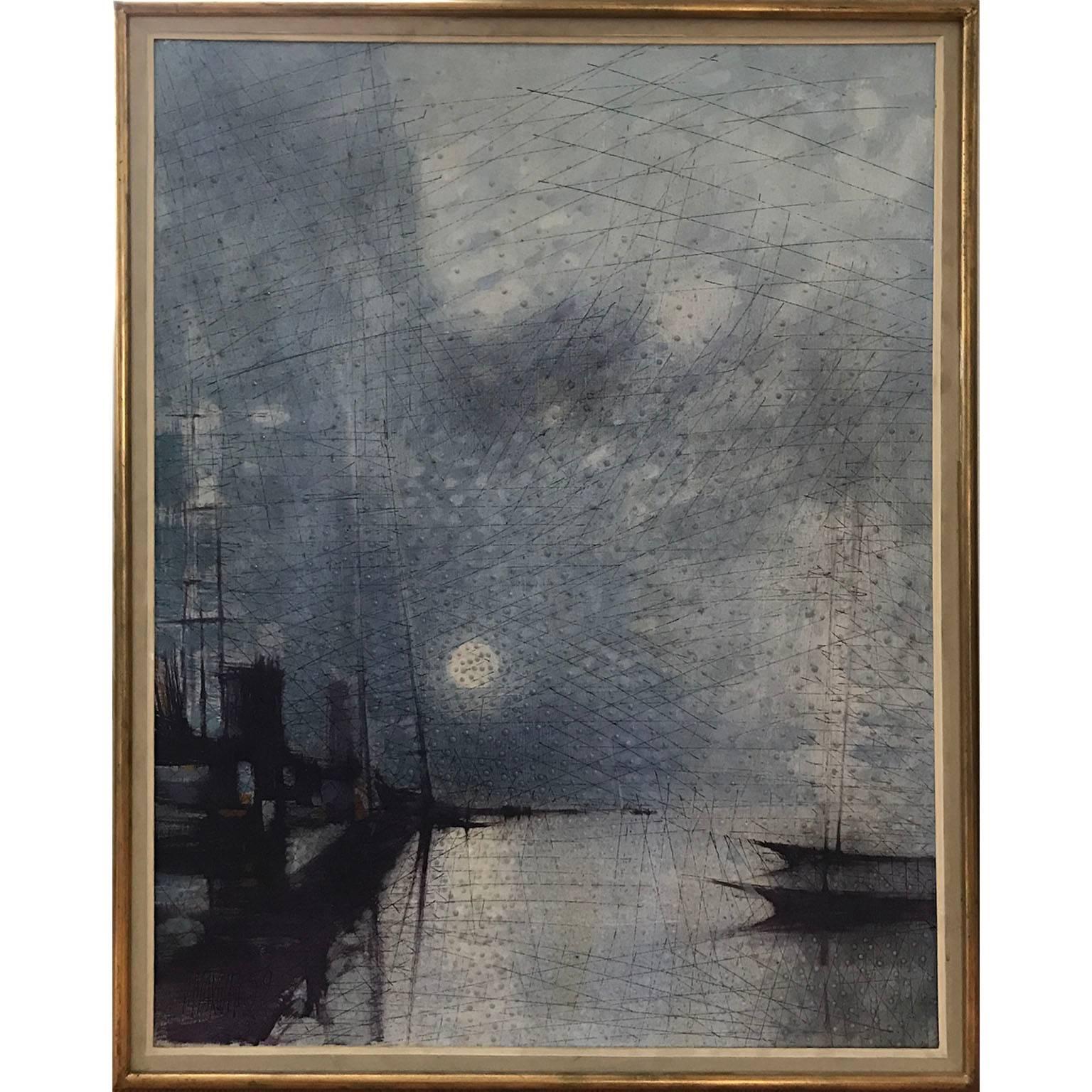 Paul Maxwell Abstract Painting - Abstract Pointillist Style Blue Nighttime Seascape Landscape