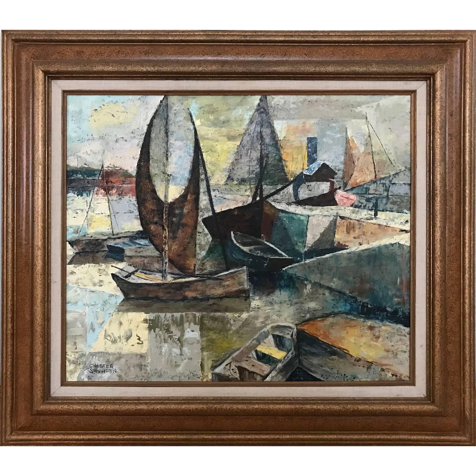 Chester Dixon Snowden Landscape Painting - Oil Painting of Cubist Boats 