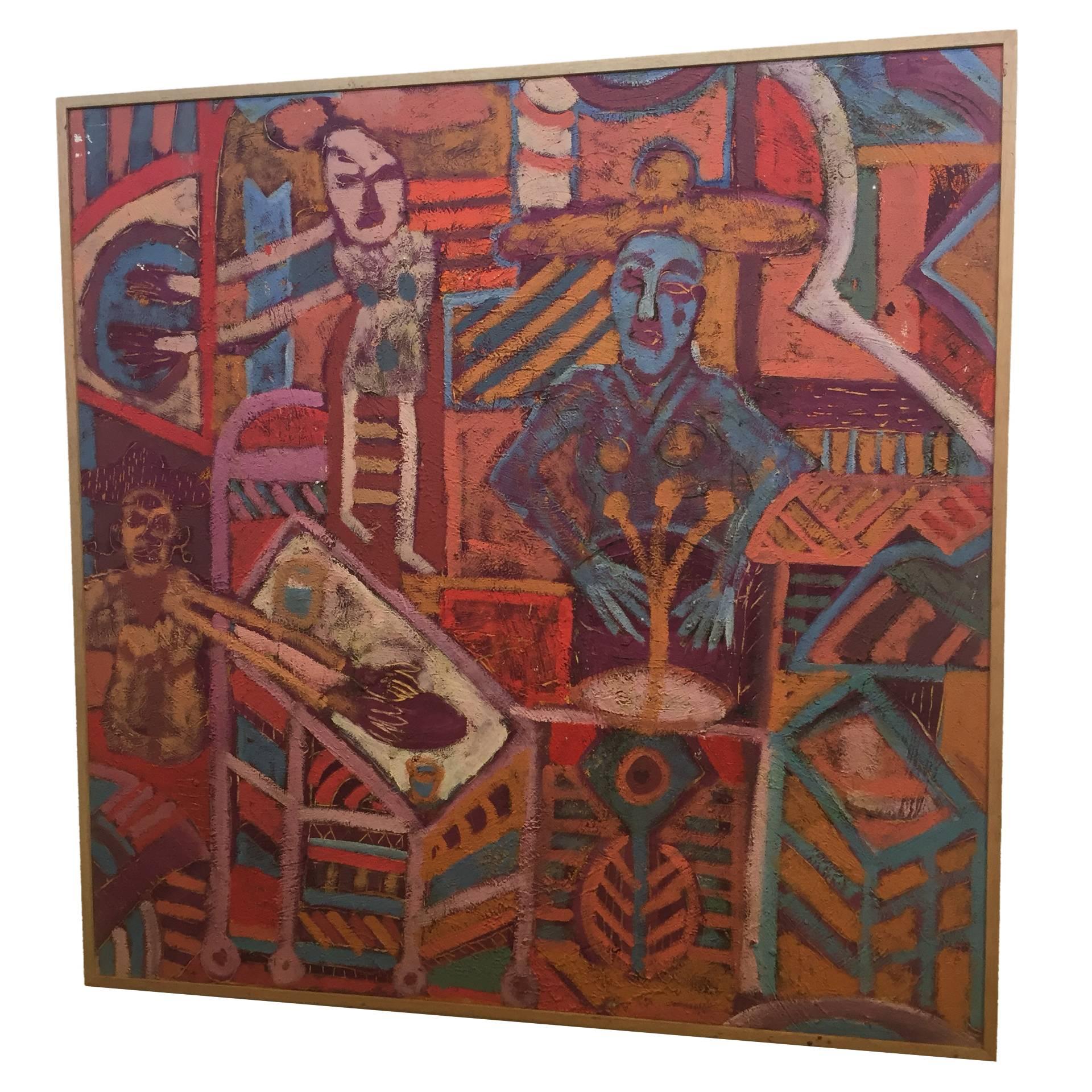 Beings of Light Abstract Expressionist Mexican Folkloric Dinner Oil on Linoleum  - Painting by Alex Lazard