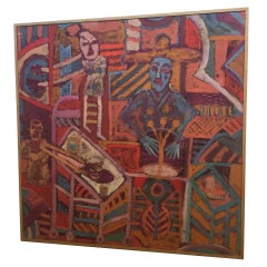 Beings of Light Abstract Expressionist Mexican Folkloric Dinner Oil on Linoleum