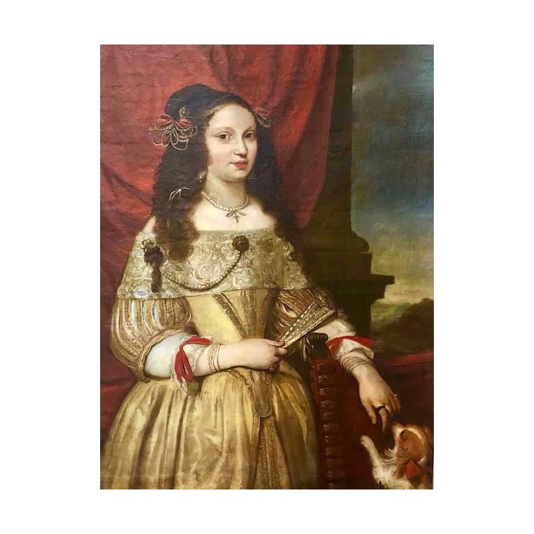 Portrait of a Noblewoman - Circle of Pier Francesco Cittadini.
A large scale and highly decorative 17th century portrait of an Italian noblewoman, in elaborate costume and jewels, within a draped interior with her spaniel. Housed in a fine antique