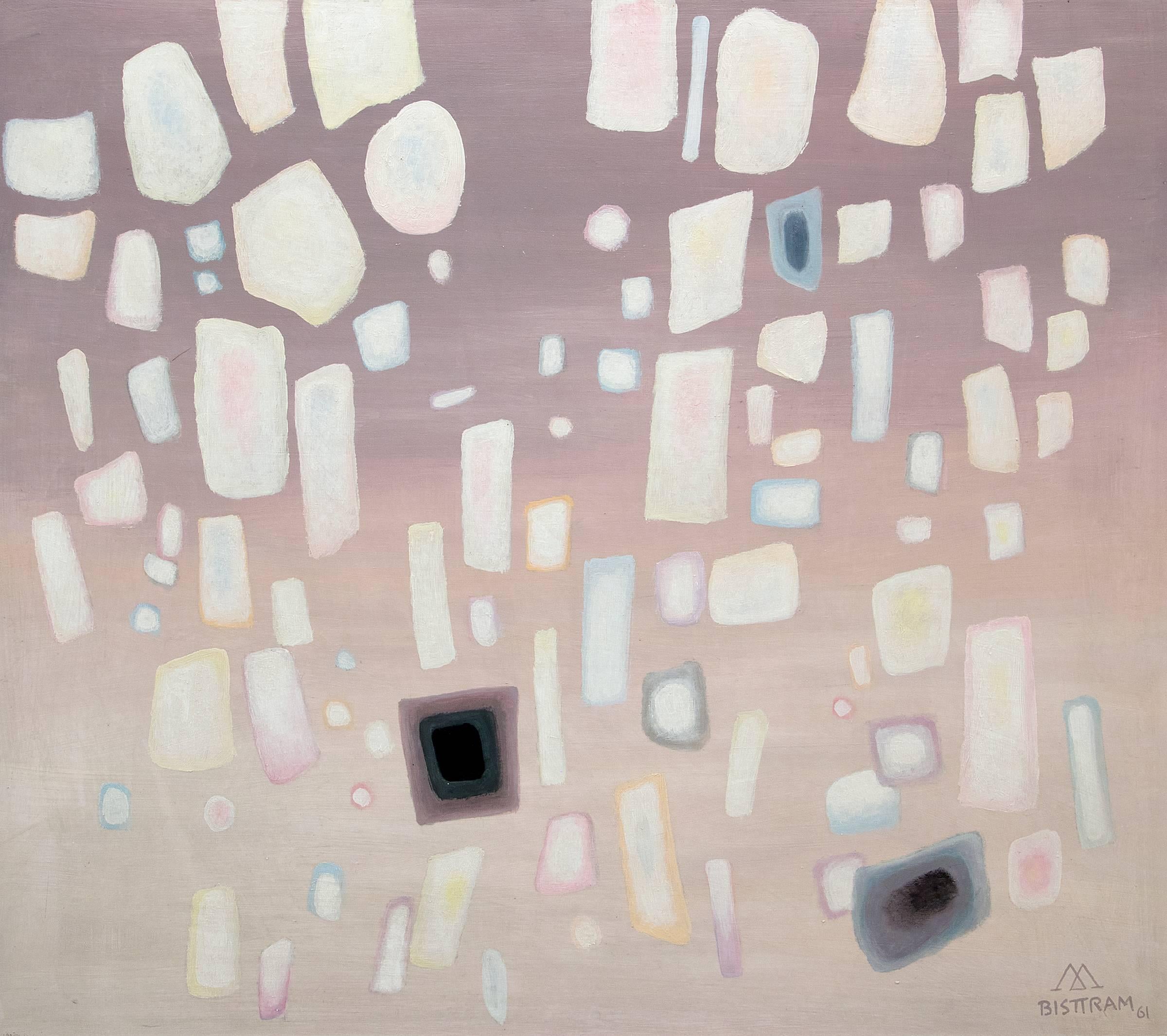 Emil James Bisttram Abstract Painting - Precipitation, 1960s Abstract Oil Painting of Floating Shapes, Purple White Gray