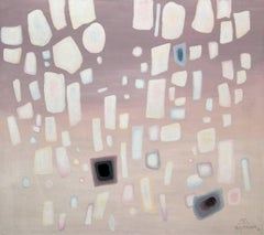 Precipitazione, pittura ad olio astratta degli anni '60 con forme fluttuanti, viola, bianco, grigio