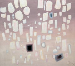 Precipitation, 1960s Abstract Oil Painting of Floating Shapes, Purple White Gray